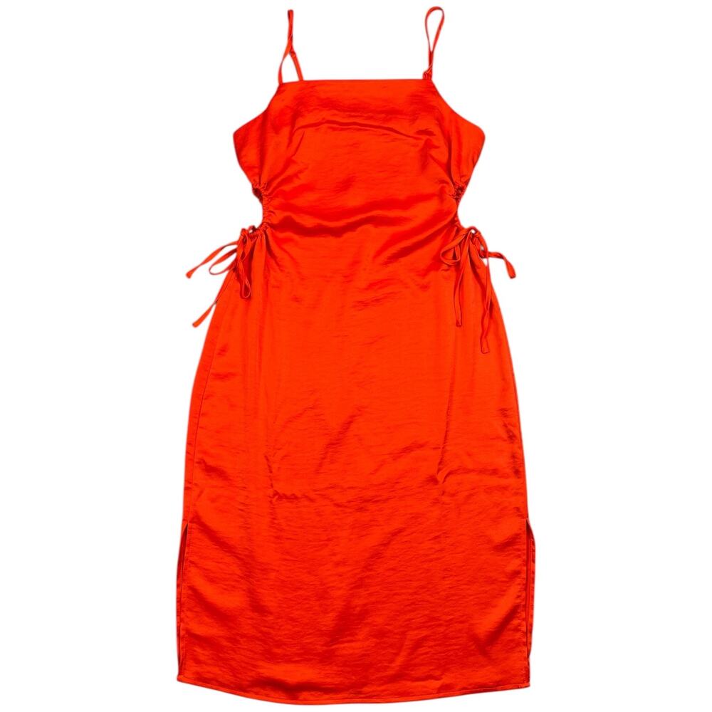 Christian Lacroix Orange Red Midi Dress Side Tie Ruched Slip Satin Look - M